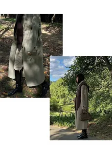 Stile coreano autunno inverno lungo cappotto di lana con scialle sciarpa integrata outfit