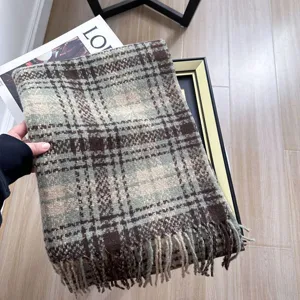 Groen bruine ruit imitatie kasjmier winter sjaal met franjes, zachte warme halsdoek.