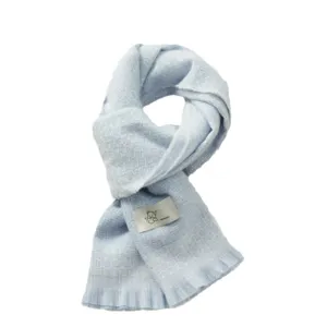 Light blue knitted scarf for women, soft warm winter neck warmer with cute bear label.