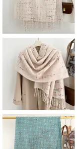 Detailed view of the cozy plaid fringed imitation cashmere scarf, soft texture for winter.