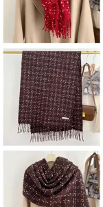 Detailed view of women's cozy plaid fringed imitation cashmere scarf for autumn and winter.