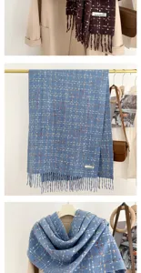 Cozy plaid tassel scarf for women, thick warm cashmere-feel winter wrap scarf, stylish daily wear.