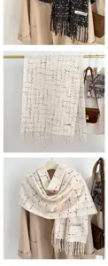 Cozy plaid cashmere feel tassel scarf for women, warm winter neck wrap and shawl.