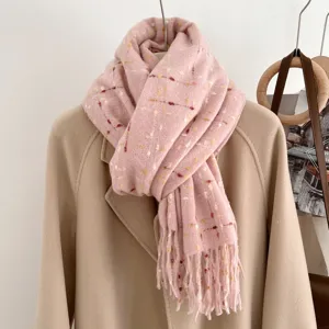 Pink plaid tassel scarf for women, soft imitation cashmere winter warm neck wrap.