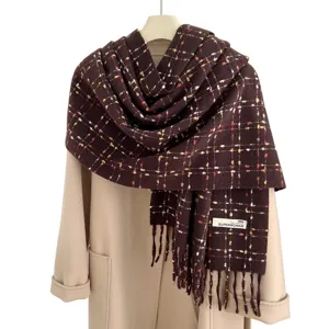 Women imitation cashmere plaid fringe scarf winter warm thick brown neckerchief fashion main image