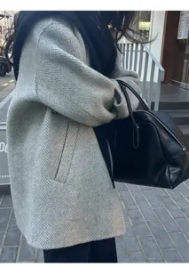 Stile coreano cappotto in lana spina di pesce invernale caldo e scialle con cappuccio dettaglio.