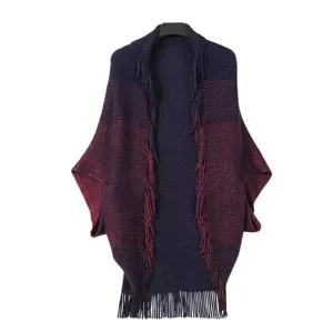 Stijlvol gebreide kwast sjaal cardigan voor vrouwen, gegradueerde open voorkant cape.