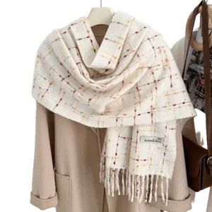 Cozy winter plaid fringe scarf for women, soft warm tassel shawl, elegant autumn daily wear.