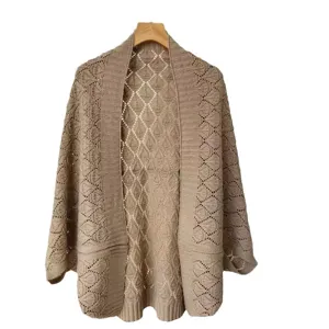 Vrouwen opengewerkt gebreid vest zomer strand sjaal casual open cape beige kleur