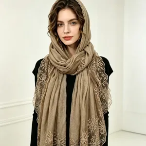 Elegant cotton linen lace spliced scarf women lightweight floral embroidered shawl spring autumn