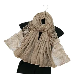 Women cotton linen lace patchwork scarf elegant embroidered shawl spring autumn thin scarf