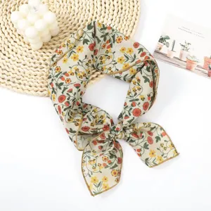 Retro katoenen en linnen bloemensjaal, veelzijdige kleine vierkante halsdoek voor dames.