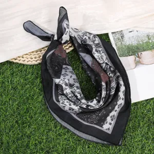 Retro bedrukte vierkante sjaal katoen linnen paisley halsdoek vintage zwarte bandana voor vrouwen