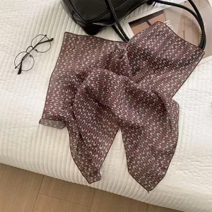 Brown paisley print small square scarf women silk neckerchief elegant stylish bag ribbon