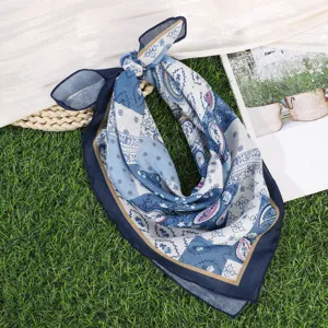 Retro blauwe paisley print katoen linnen kleine vierkante sjaal voor vrouwen ademend