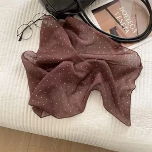 Brown polka dot small square scarf for women, chic neckerchief, stylish hair band or bag ribbon.