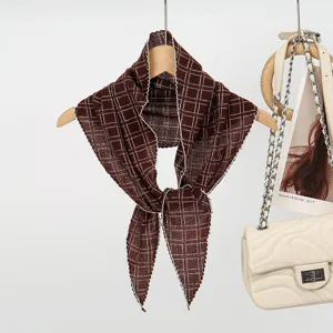 Brown checkered knitted scarf with wavy white edges, versatile fashion neckerchief accessory.