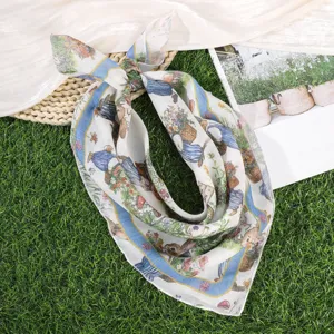 Cotton linen small square scarf for women, spring summer floral rabbit print neckerchief hair band.