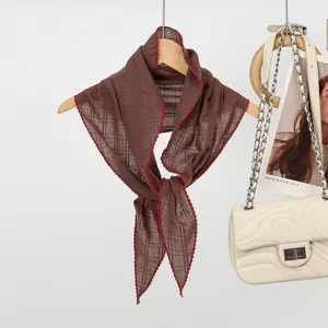 Brown checkered knit scarf with red lace edge, elegant women decorative neckerchief.