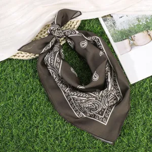 Close-up detail of the dark brown vintage paisley pattern bandana scarf on grass background.