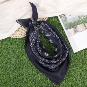 Dark blue cotton linen bandana with classic paisley pattern, perfect for hair, neck and bags.