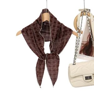 Brown plaid knitted scarf for women, stylish vintage winter neckerchief and hair band accessory.