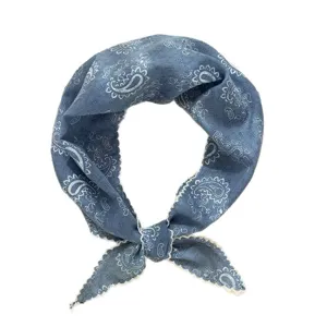 Femme vintage bleu motif cachemire coton lin foulard triangulaire bandeau cheveux style japonais