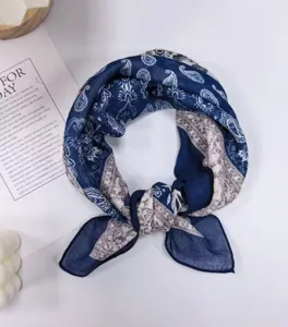 Blauwe paisley kleine vierkante sjaal katoen linnen halsdoek vintage haarband stijl