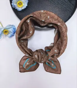 Kleine vierkante sjaal met paisley print bruine haarband detailweergave voor elegante dames