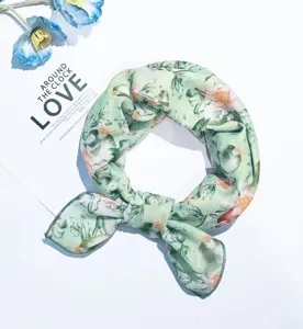 Cotton linen floral square scarf, light green breathable summer neckerchief for stylish women.