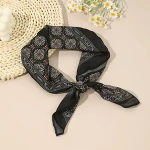 Σικ μαύρο paisley βαμβακερό λινό μικρό τετράγωνο μαντήλι, ευέλικτο καλοκαιρινό φουλάρι.