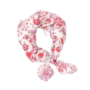 Petit carré de soie en coton et lin imprimé floral, foulard élégant et ruban de cheveux.