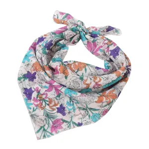 Detailed display of the floral printed cotton linen square scarf detail and texture design.