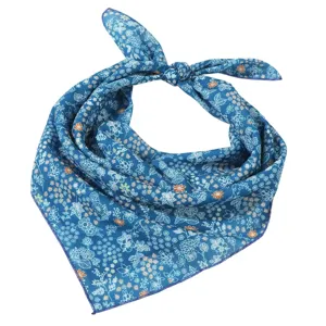 Blue floral cotton linen small square scarf, fresh artistic style breathable summer neckerchief.