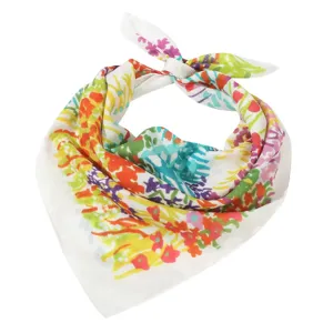 Colorful floral print cotton linen square scarf, artistic watercolor design, soft daily neckwear.