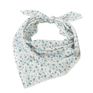 Cotton linen square scarf close-up, floral paisley print detail, soft and breathable summer accessory.