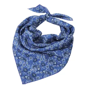 Blue paisley print cotton linen square scarf detail view, soft and breathable fabric accessory.