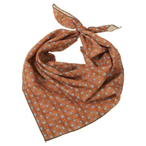 Cotton linen small square scarf with brown plaid and blue polka dots, retro and versatile accessory.