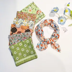 Cotton linen small square scarf floral breathable women decorative neckerchief summer chic set