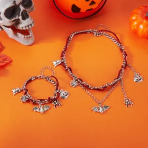 Halloween Halskette und Armband Set mit Kürbis, Geist, Fledermaus und Spinne Anhänger
