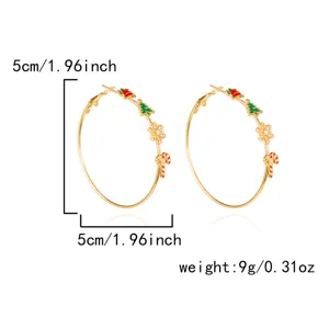 Detailed measurement display of golden Christmas hoop earrings with festive charms