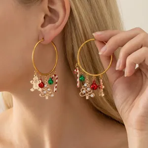 Zinc Alloy Rhinestone Christmas Tree Gingerbread Man Hoop Earrings Festive Santa Claus Snowflake Drop Dangle Earrings For Women Holiday Party Jewelry Gift