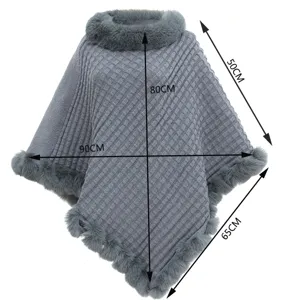 Detail of grey knitted poncho with faux fur collar showing 80cm and 90cm dimensions