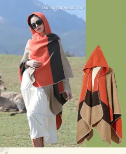 Detail showing striped hooded poncho wrap for ethnic style travel fashion outfit