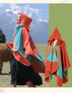 Detailed macro view of an ethnic striped hooded poncho perfect for travel outfits