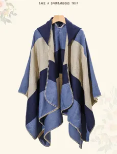 Blue striped ethnic hooded shawl poncho for women with decorative blanket stitched edges