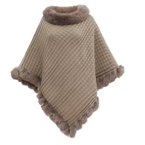 Elegant brown waffle-knit autumn poncho with plush faux fur collar and trim.