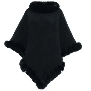 Black knitted pullover poncho with plush faux fur collar and irregular hem detail