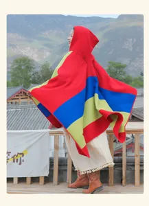 Ethnic style hooded striped poncho shawl for women travel outfits