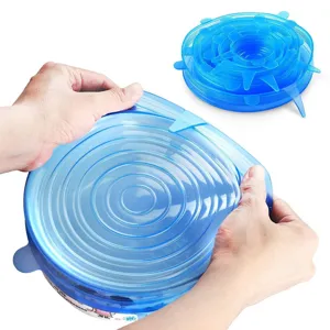 Blue silicone stretch lids 6-piece set, reusable food cover seals for bowls and containers.
